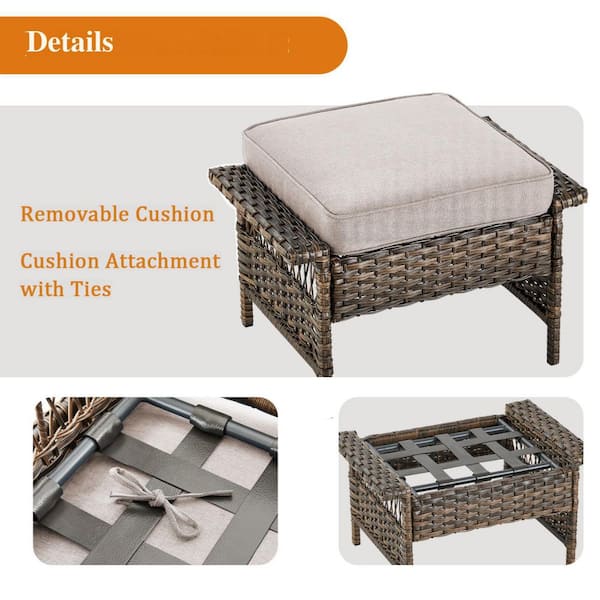 Brown Wicker Outdoor Ottoman with Beige Cushions (2-Pack)