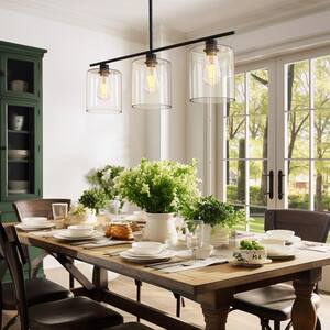 3-Light Black Industrial Island Pendant Light Fixtures, Linear Chandelier with Clear Glass Shade(Bulb Included)