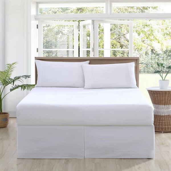 Solid Pleated 1-Piece White Sateen Cotton Queen Bedskirt