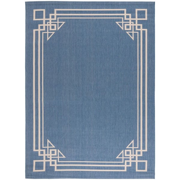 Courtyard Blue/Light Beige 8 ft. x 11 ft. Solid Geometric Border Indoor/Outdoor Area Rug