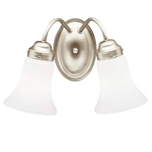 Independence 13.5 in. 2-Light Brushed Nickel Transitional Bathroom Vanity Light with Frosted Glass Shade