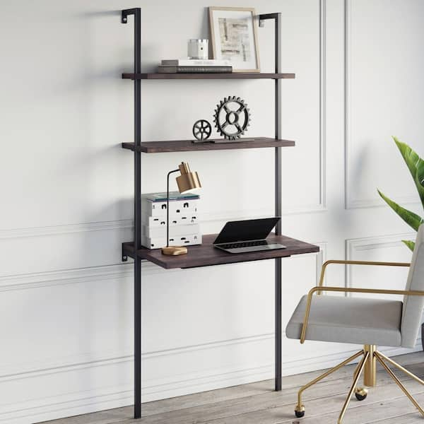 Photo 1 of Theo Nutmeg and Black 2-Shelf Wall-Mount Ladder Writing Desk Table Small Computer Table Bookcase