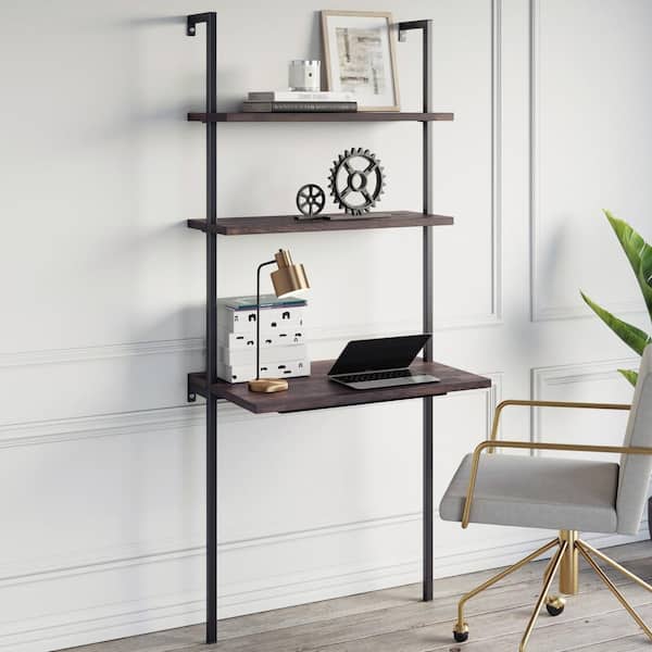 Nathan James Theo Nutmeg and Black 2-Shelf Wall-Mount Ladder Writing Desk Table Small Computer Table Bookcase