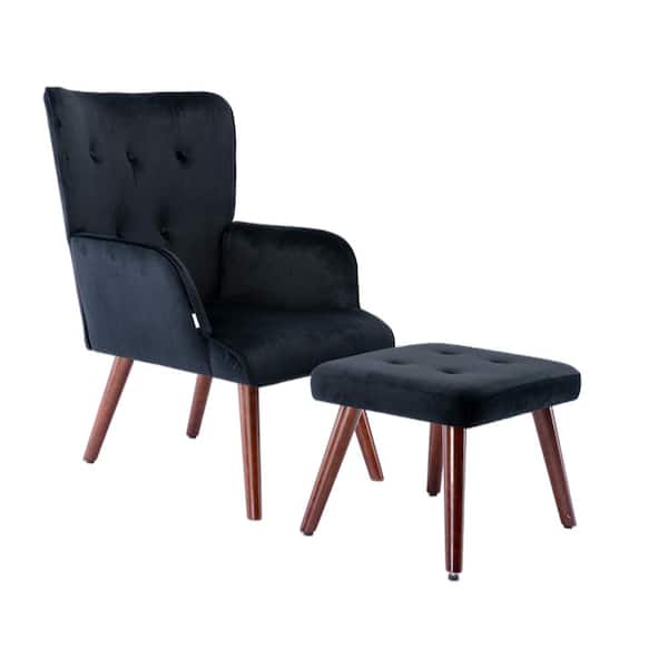LY & S Collection Black Velvet Arm Chair With Ottoman For Home And Living Room