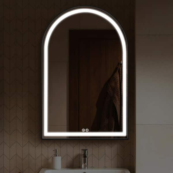PexFix 30 in. W x 39 in. H Arched Framed LED Dimmable Anti-Fog Bathroom Vanity Mirror in Black