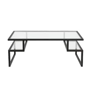 45 in. Black Rectangle Glass Coffee Table with Shelves;Storage