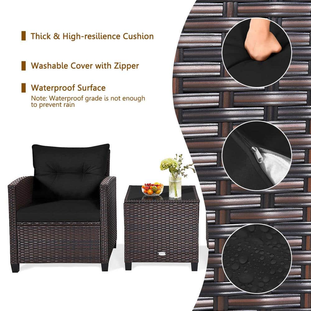 Black Cushioned 3-Piece Steel Frame Outdoor Conversation Set