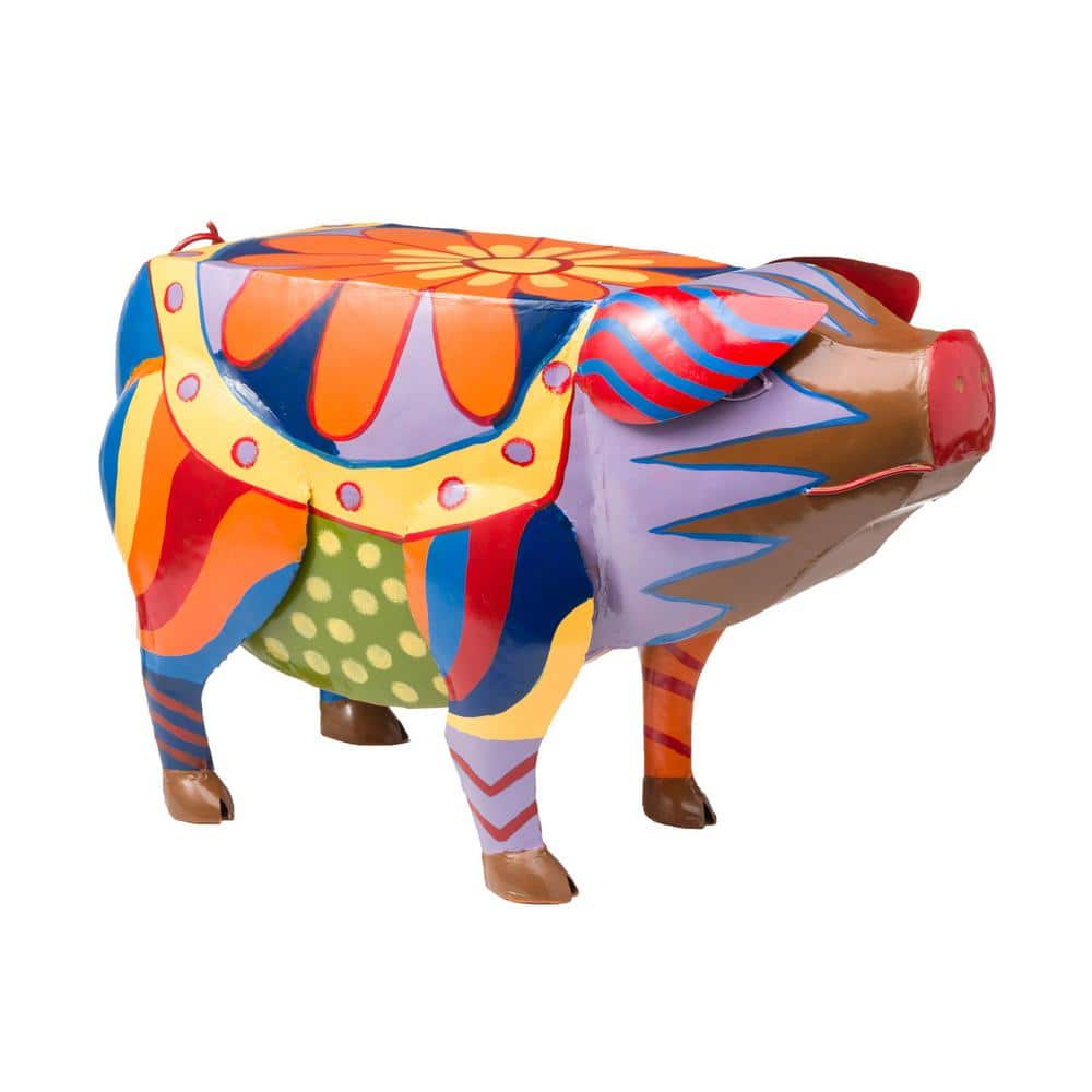 Colorful Folk Art Pig Metal Outdoor Side Table