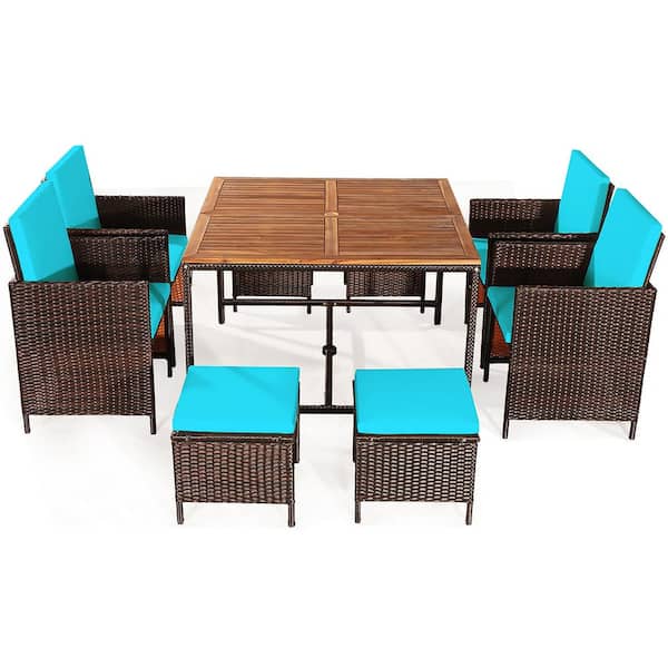 Costway 29.5 in. 9-Piece Wicker Square Outdoor Dining Set with Turquoise Cushion