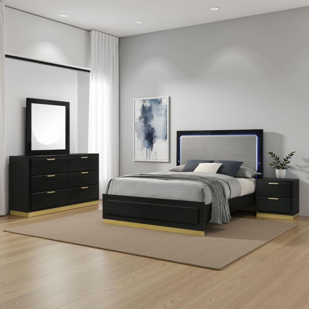 Caer 4-Piece Black Wood Queen Size Bedroom Set with Upholstery Headboard price history on PriceWatchPro