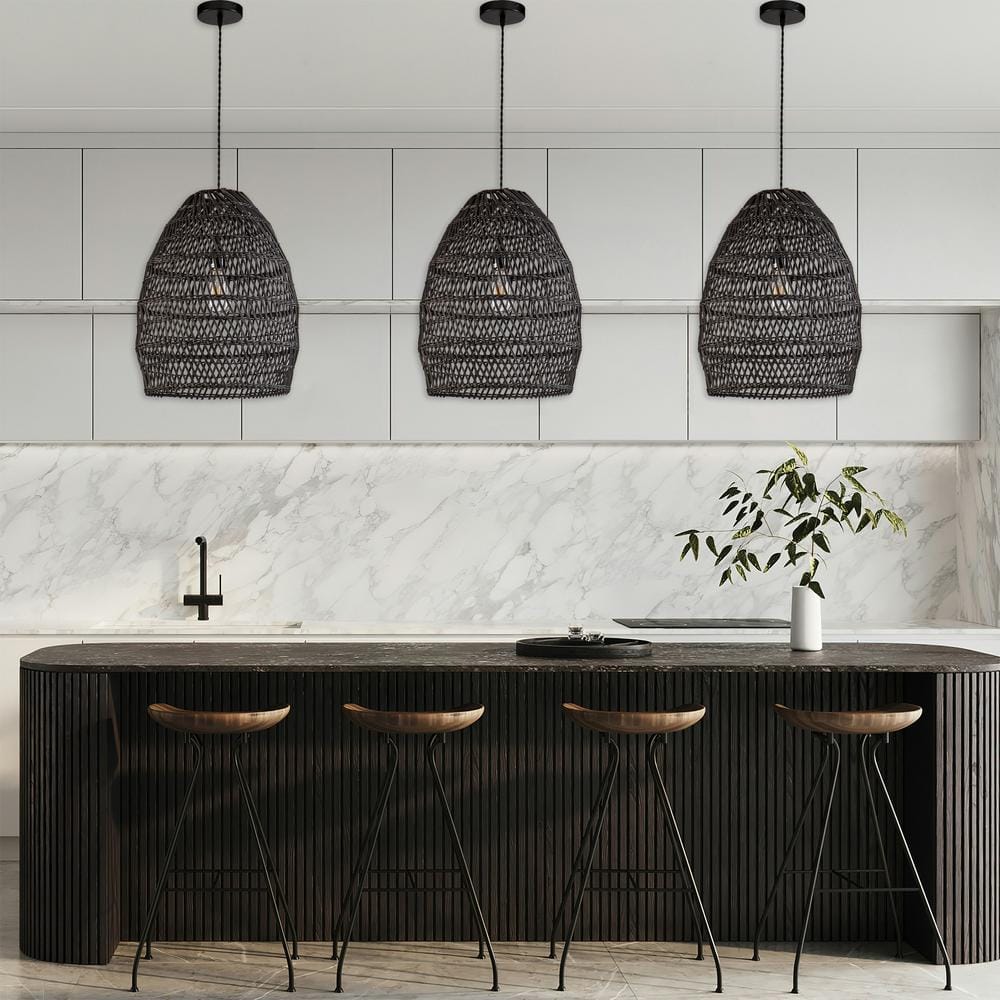 Veremund 15.7" Black Bamboo and Rattan Bell Pendant Light