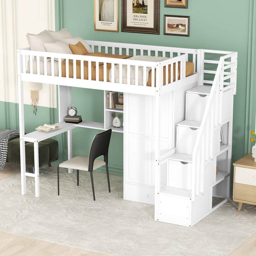 Harper & Bright Designs White Twin Wooden Loft Bed with Wardrobe ...