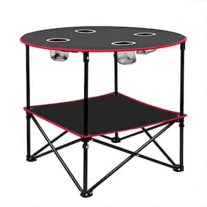 28.7 in. Black and Red Round Stainless Steel Portable Folding Picnic Table with Shelf, Cup Holders and Storage Bag