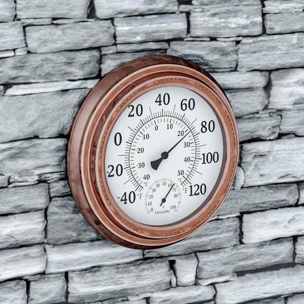 Pure Garden, Wall Clock Thermometer, 18 in. Metal, Waterproof, Black