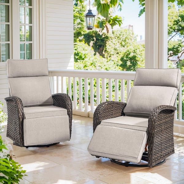 Rotavia Reclining 2-Piece Wicker Outdoor 360° Swivel Recliner with Beige Cushions, Adjustable Backrest, Footrest