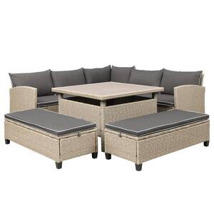6-Piece Rattan Wicker Outdoor Sectional Sofa Patio Furniture Set and Table for Backyard with Gray Cushion