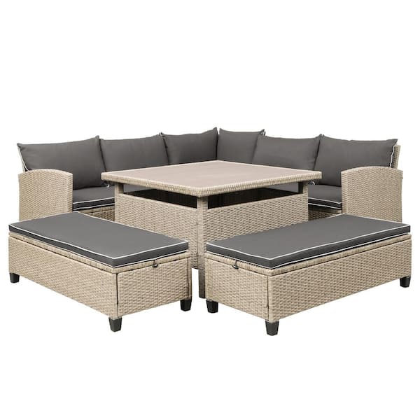 Zeus & Ruta 6-Piece Rattan Wicker Outdoor Sectional Sofa Patio Furniture Set and Table for Backyard with Gray Cushion
