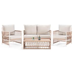4-Pieces Wicker Outdoor Patio Sectional Set with 2-Chairs, 1-Loveseat, 1-Coffee Table and Beige Cushions