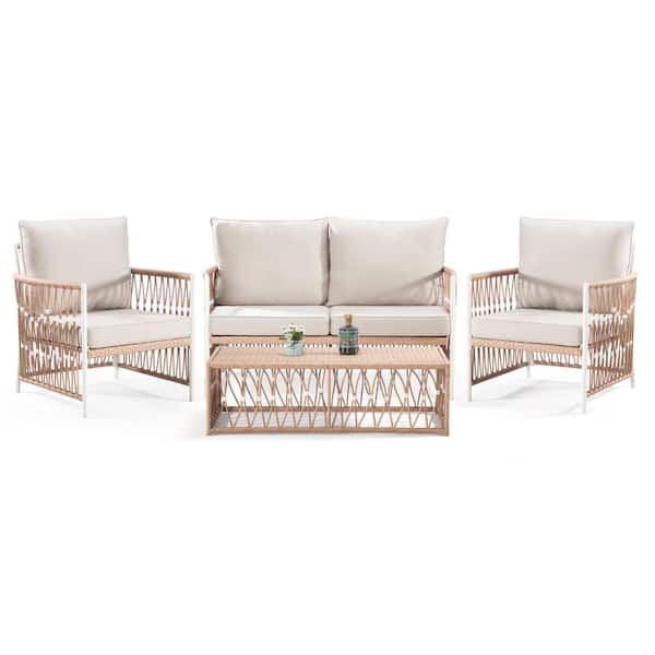 Unbranded 4-Pieces Wicker Outdoor Patio Sectional Set with 2-Chairs, 1-Loveseat, 1-Coffee Table and Beige Cushions