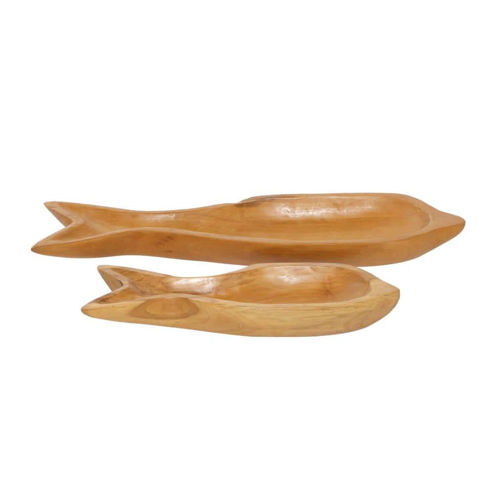 Natural Brown Teak Wood Fish Shaped Decorative Tray Set