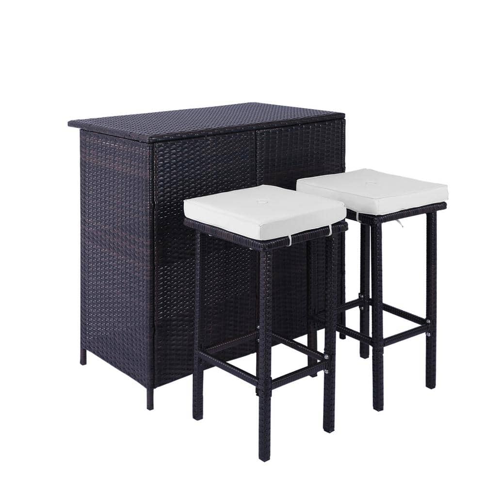3-Piece Wicker Outdoor Serving Bar Set with 2-Stool, All Weather and Steel 
