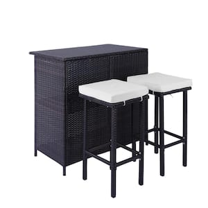 3-Piece Wicker Outdoor Serving Bar Set with 2-Stool, All Weather and Steel Frame Furniture with Removable Beige Cushions