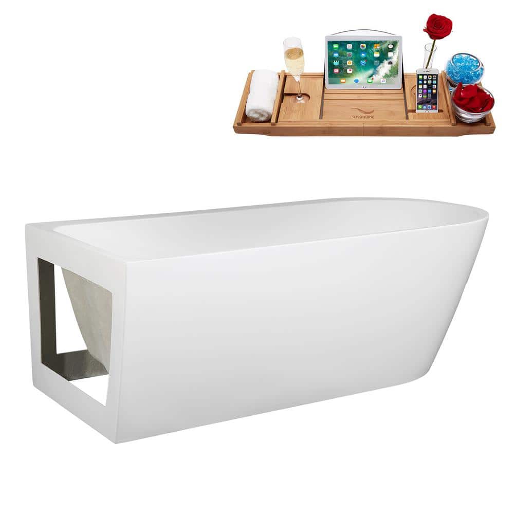 65" Glossy White Acrylic Freestanding Soaking Bathtub with Bamboo Tray