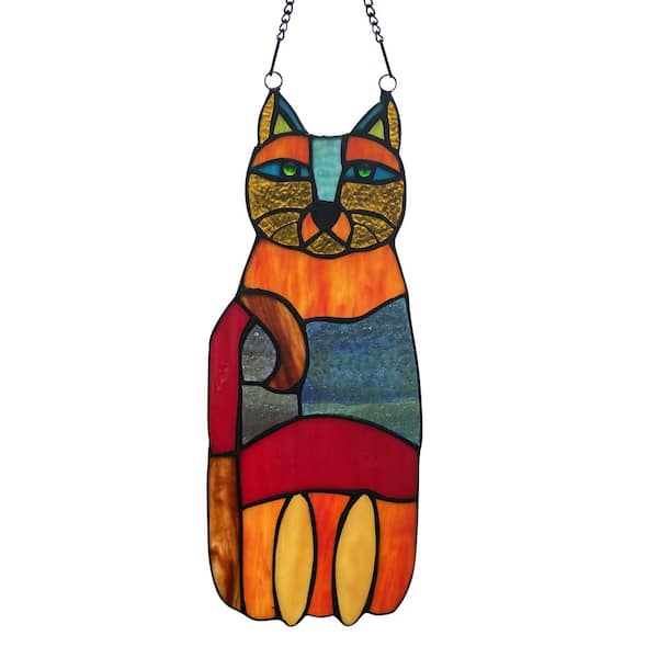 River of Goods Red Crazy Cat Stained Glass Window Panel