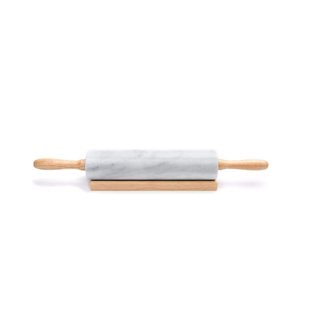 White Marble Rolling Pin with Wooden Handles and Base