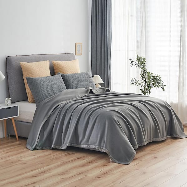 Dark Gray Polyester Twin Fleece Blanket with Satin Binding Edges