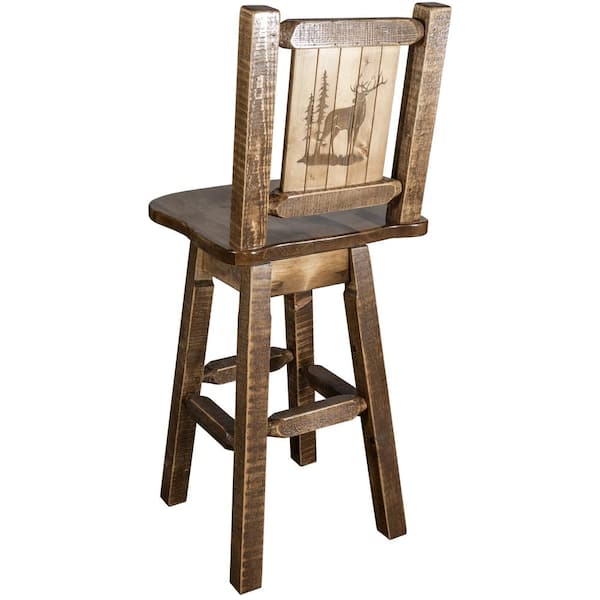MONTANA WOODWORKS Homestead Collection 30 in. Early American Laser Engraved Elk Motif Bar Stool with Swivel Seat and Back