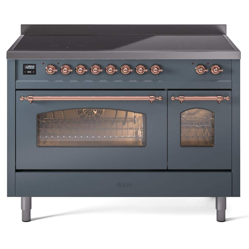 Nostalgie 48 in. 6 Zone Freestanding Double Oven Induction Range in Blue Grey with Copper Trim -  ILVE, UPI486NMPBGP