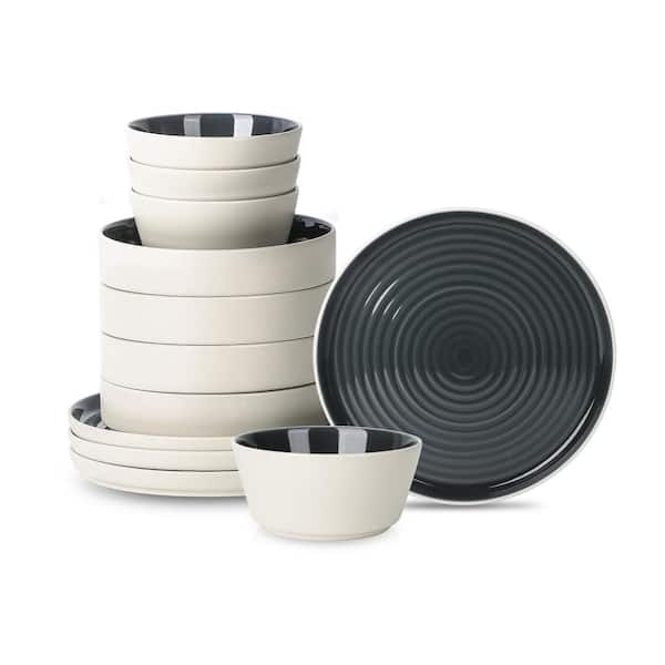 STONE LAIN Elica 12-Piece Black and Beige Stoneware Dinnerware Set Service for 4