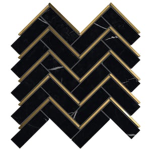 Natural Blanco Black Gold 10.71 in. x 11.07 in. Herringbone Polished Marble Mosaic Tile (8.3 sq. ft./Case)