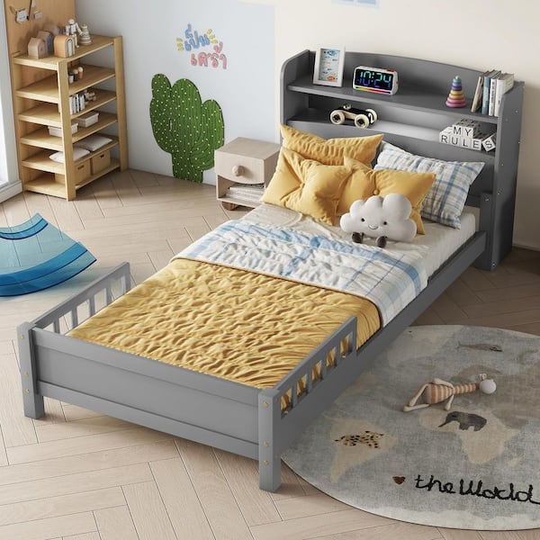 Gray Wood Frame Twin Platform Bed with Bookcase Headboard and Guardrails
