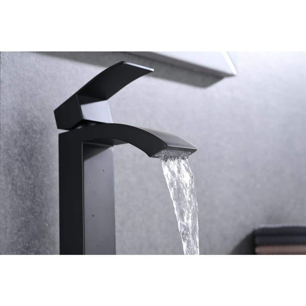 Matte Black Single Handle Waterfall Bathroom Faucet with Pop-Up Drain