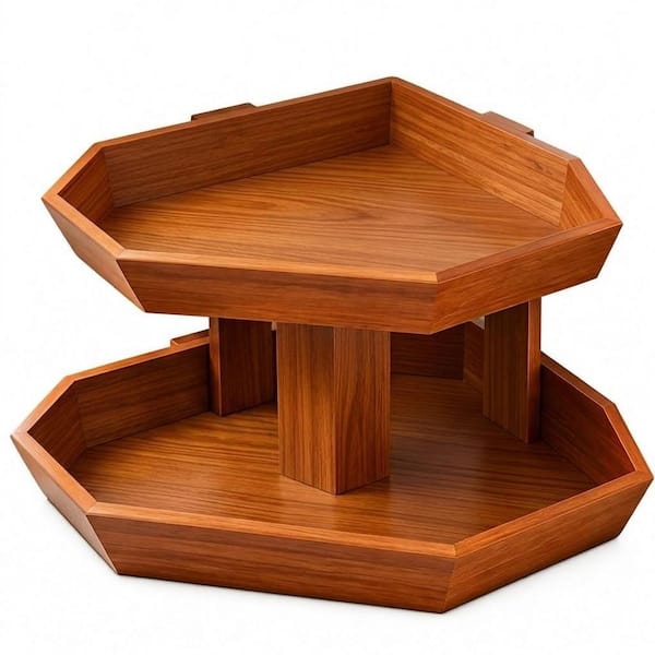 Brown Wood 2-Tier Corner Fruit Basket Stand for Kitchen Countertop, Bread, Produce and Snack Storage Organizer