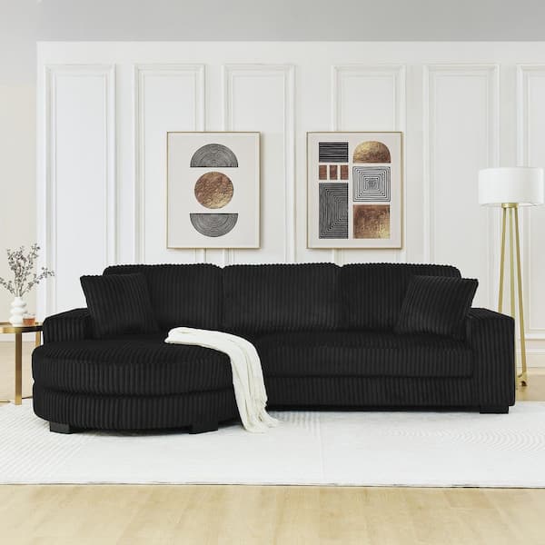 110.6 in. Corduroy Upholstered Convertible Sleeper Sectional Sofa in Black