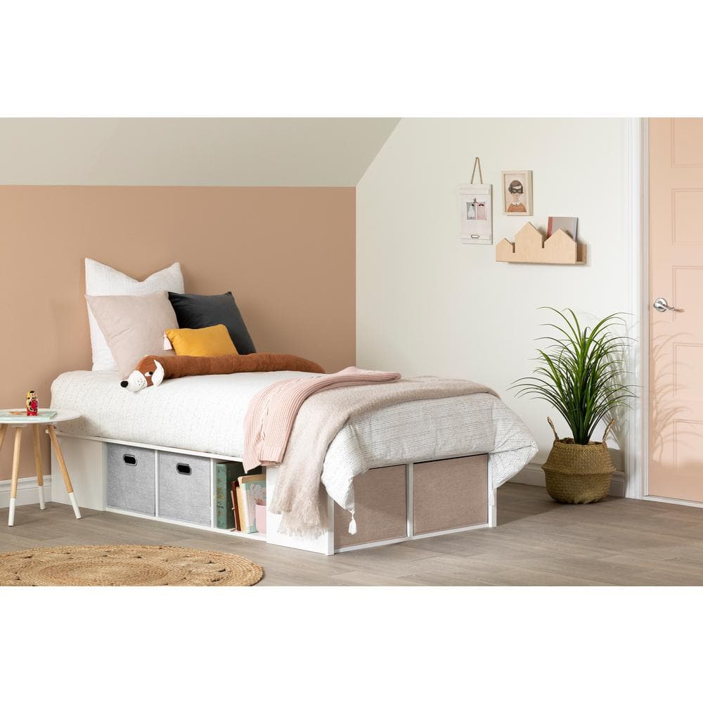 Twin White Wood Platform Bed with Storage Baskets