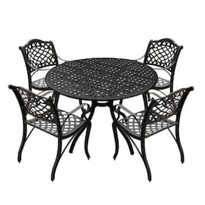 Black 5-Piece Aluminum Round Mesh Outdoor Dining Set with 4-Chairs