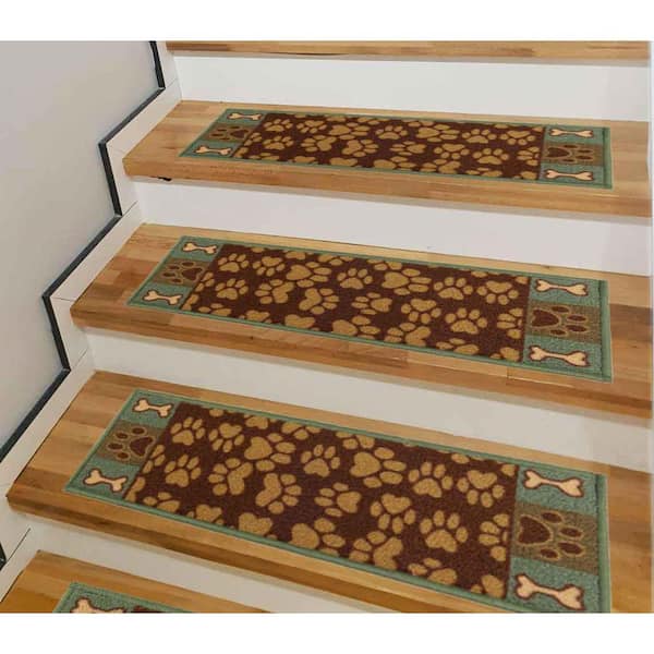 Indoor Pet Paw and Bone Design Green Brown 8-1/2 in. x 26 in. Slip Resistant Backing Stair Tread Cover (Set of 13)