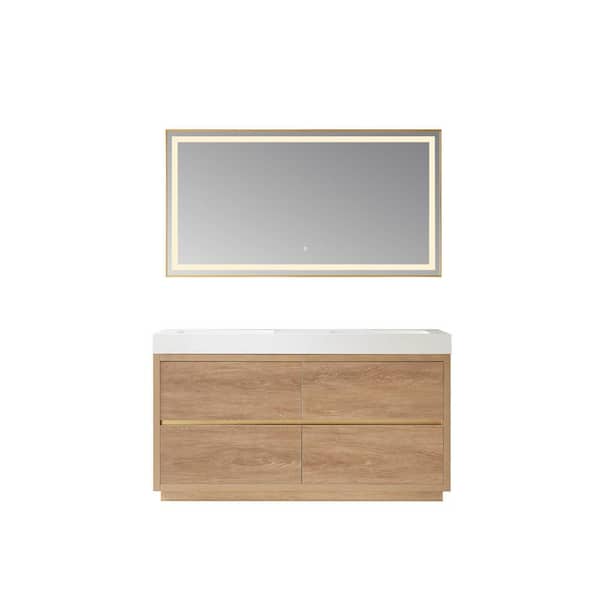 ROSWELL Palencia 60 in. W x 20 in. D x 33.9 in. H Double Sink Bath Vanity in N. American Oak with White Composite Top and Mirror