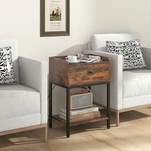 2-Piece 1-Drawer Rustic Brown Nightstand Side End Table with Charging Station Drawer Open Shelf for Small Space