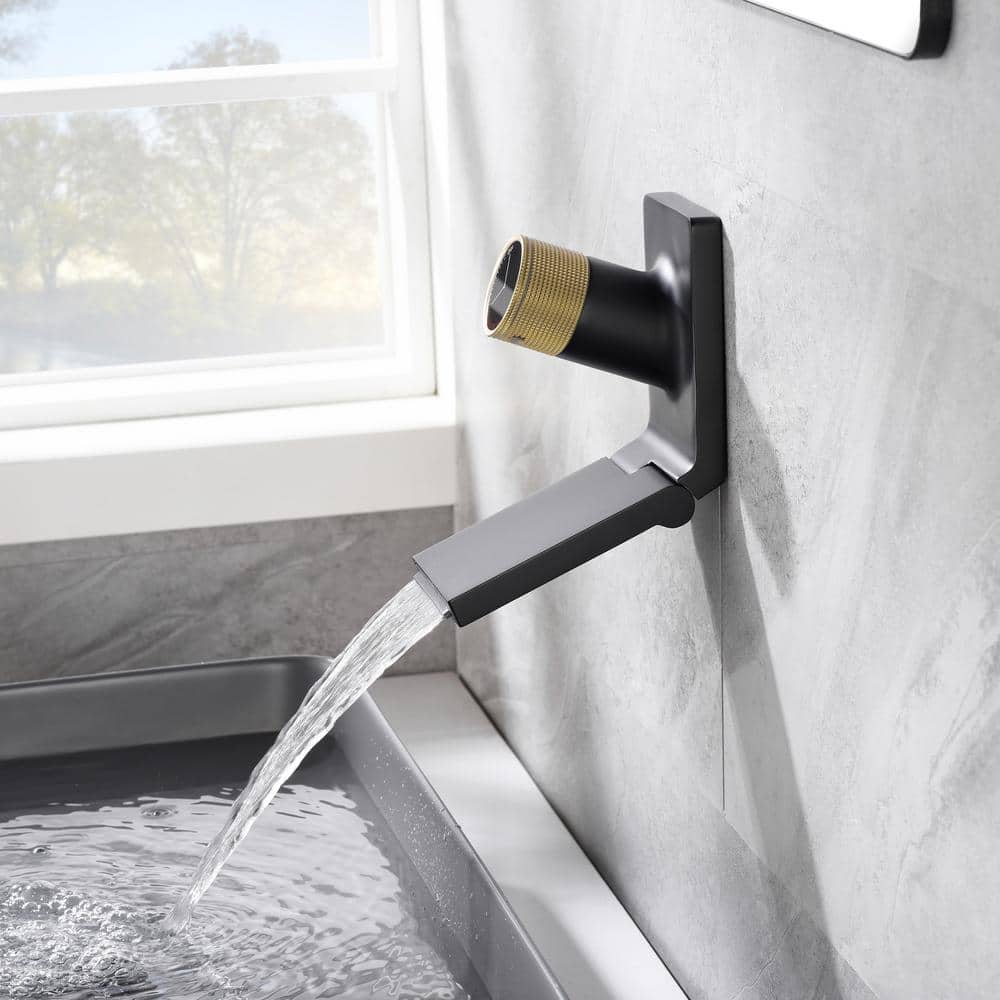 Black and Gold Brass Wall Mount Bathroom Faucet with Foldable Spout