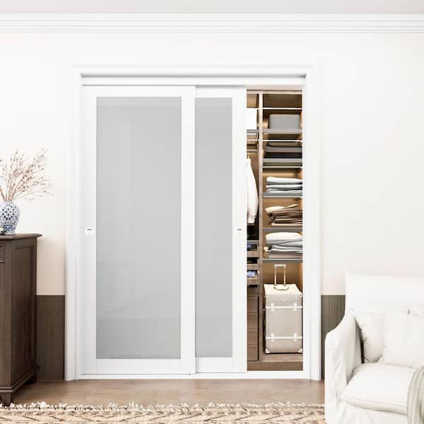 EH PUERTA 60 in. x 80 in. 1-Lite Tempered Frosted Glass White Finished Solid Core Interior Closet Sliding Door with Hardware