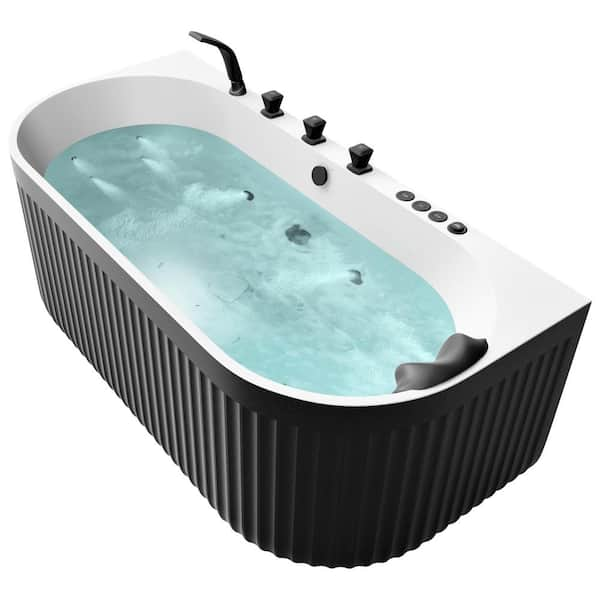 67 in. x 32 in. Flat Bottom Stone Resin Freestanding 92 Gallon Combination Bathtub with Center Drain in Black and White