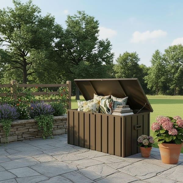 Outdoor Deck Box 100 Gallon Waterproof Lockable Storage Box Container with Lid Deck Box, Brown
