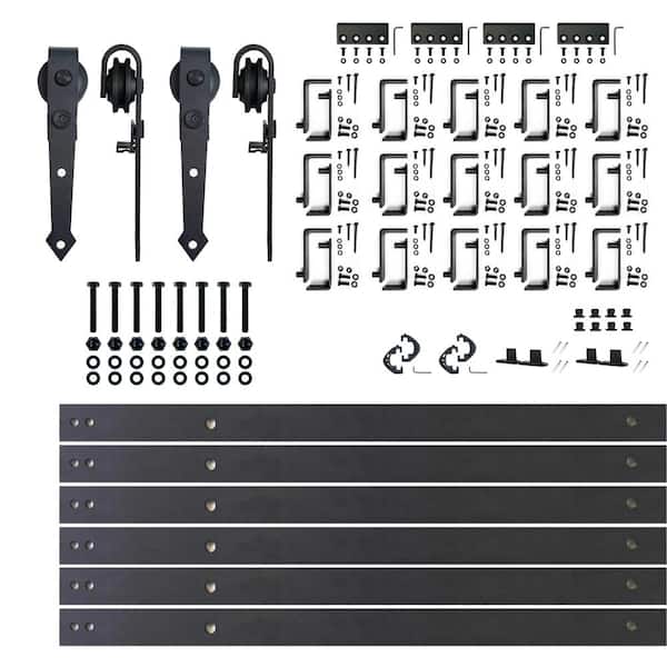 HOMACER 20 ft./240 in. Black Rustic Double Track Bypass U-Shape Sliding Barn Door Hardware Kit - Arrow Design Roller