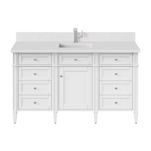 James Martin Vanities Brittany 60.0 in. W x 23.5 in. D x 34.0 in. H Single Bathroom Vanity in Bright White with White Zeus Quartz Top