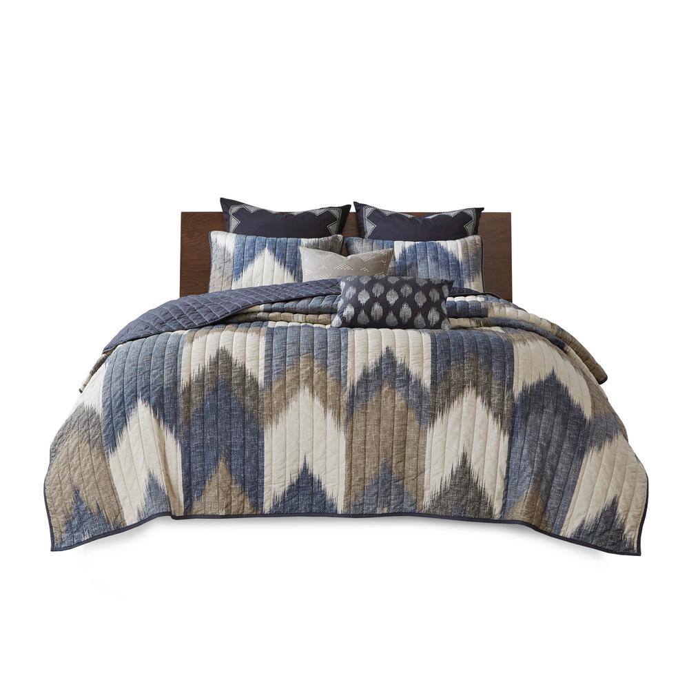 Navy Ikat Print Reversible Cotton Full Quilt Set